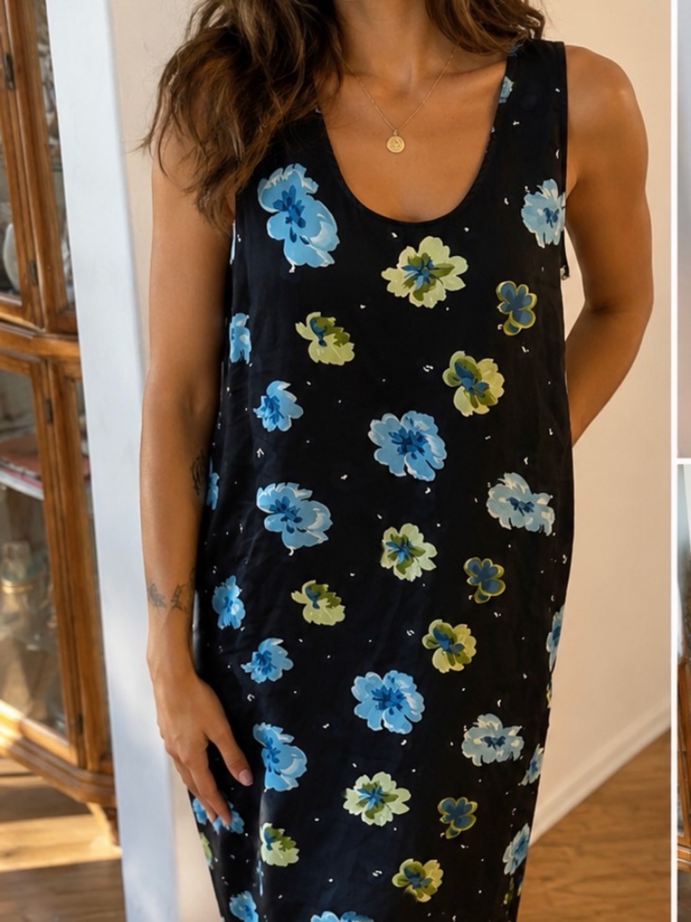 Vintage Y2KOriginal Use Black Floral Tank Dress with Blue and Lime Flowers
